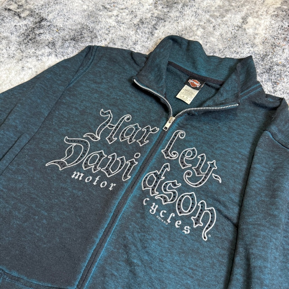Harley-Davidson Womens Teal Space Dye Zip Sweatshirt Flaming Gorge Wyoming L